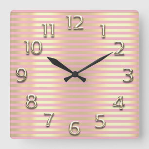 Champaigne Goud Arabisch Nummers Roze Lijnen Strep Vierkante Klok