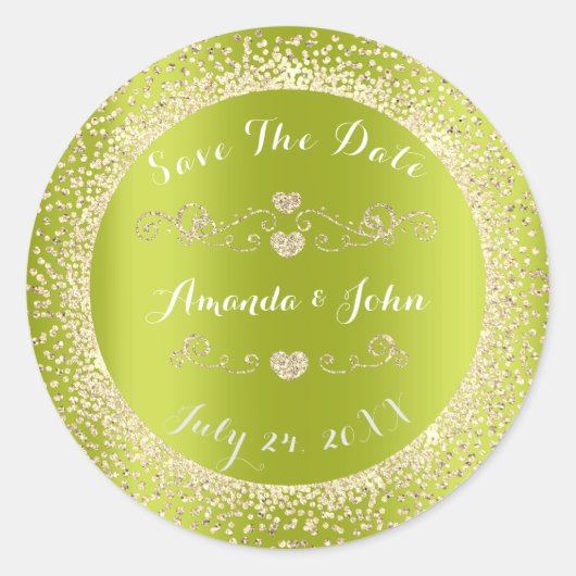 Champaigne Green Gold Glitter Save the Date Harten Ronde Sticker (Voorkant)