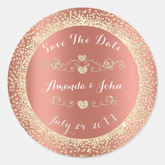 Champaigne Roos Gouden Glitter Save the Date Harte Ronde Sticker (Voorkant)