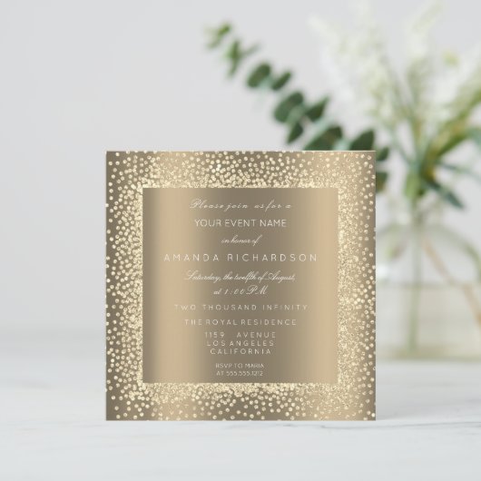 Champaigne Sepia Gold Glitter Confetti Formal VIP Kaart (Staand voorkant)