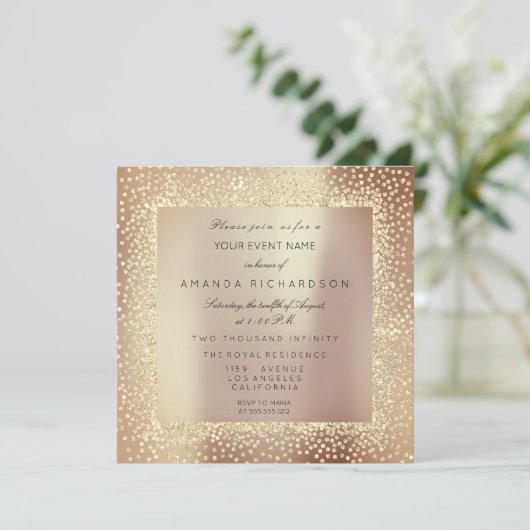 Champaigne Sepia Goud Glitter Confetti Roos Glam Kaart (Staand voorkant)