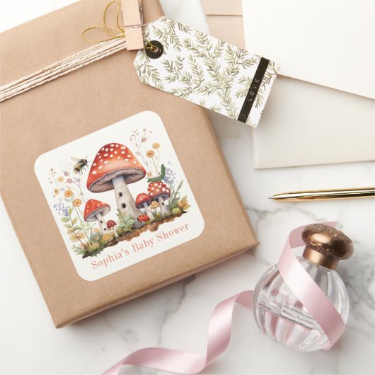 Champignonbloemige bijenworm Baby shower Vierkante Sticker (Geschenken)
