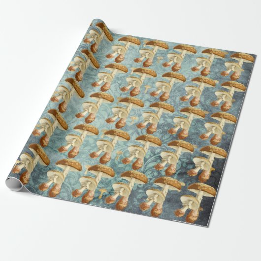 Champignons Bruin Woodland Antiek Blauw Blauwgroen Cadeaupapier (Uitgerold)