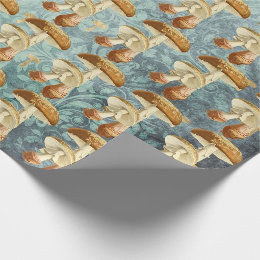 Champignons Bruin Woodland Antiek Blauw Blauwgroen Cadeaupapier (Hoek)