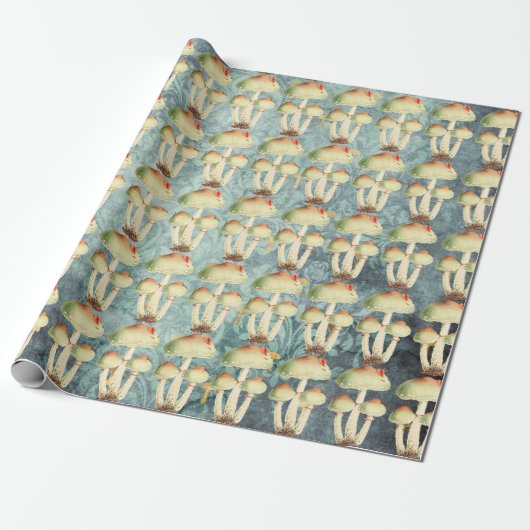 Champignons Gold Woodland Antiek Blauw Blauwgroen Cadeaupapier (Uitgerold)