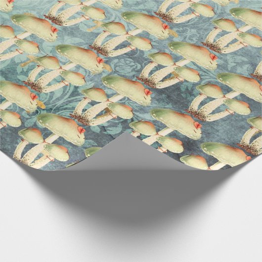 Champignons Gold Woodland Antiek Blauw Blauwgroen Cadeaupapier (Hoek)