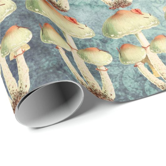 Champignons Gold Woodland Antiek Blauw Blauwgroen Cadeaupapier (Rol Hoek)