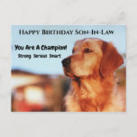 Champion Son-in-law Birthday Golden Retriever Briefkaart<br><div class="desc">Je bent een kampioen! Als je schoonzoon een fan is van gouden bergen,  zal hij dit geweldige verjaardagsbriefkaart waarderen. "Sterke,  serieuze,  slimme" stuurt een verdienstelijke boodschap naar alle jongens.</div>