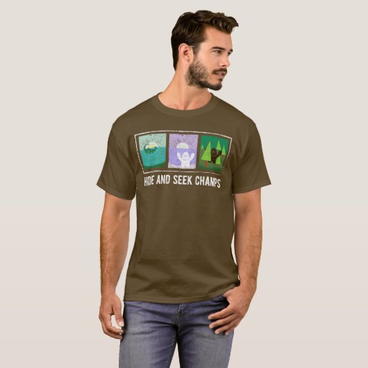 Champions Big Foot, Yeti, Nessie verbergen en zoek T-shirt (Voorkant volledig)