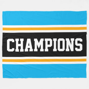 CHAMPIONS Bright Sky Blue Black Racing Stripes Fleece Deken