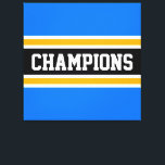 CHAMPIONS Sportieve Helder Blauw Zwart Geel Strepe Canvas Afdruk<br><div class="desc">Dit kleurrijke,  sportieve ontwerp is voorzien van atletische CHAMPIONS-tekst in een brede zwarte horizontale middelste racestreep met aangrenzende goudgele en witte strepen tegen felblauwe buitenste randstrepen. De kleuren en tekst in dit ontwerp kunnen worden gepersonaliseerd.</div>