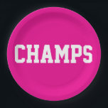 CHAMPS Fun Sporty White Text On Bright Hot Pink Papieren Bordje<br><div class="desc">This sporty design features athletic CHAMPs white text against bright hot pink background.   The colors and text in this design can be personalized.</div>