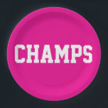 CHAMPS Fun Sporty White Text On Bright Hot Pink Papieren Bordje<br><div class="desc">This sporty design features athletic CHAMPs white text against bright hot pink background.   The colors and text in this design can be personalized.</div>