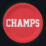 CHAMPS Fun Sporty White Text On Bright Red Papieren Bordje<br><div class="desc">This sporty design features athletic CHAMPS white text against bright red background.   The colors and text in this design can be personalized.</div>