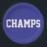 CHAMPS Fun Sporty White Text On Deep Blue Papieren Bordje<br><div class="desc">This sporty design features athletic CHAMPS white text against deep blue background.   The colors and text in this design can be personalized.</div>