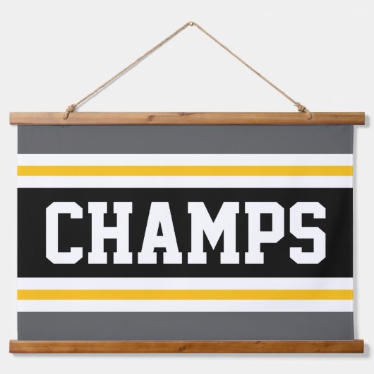 CHAMPS Grijs Zwart Geel Wit Racing Stripes Hangend Wandkleed (Voorkant)