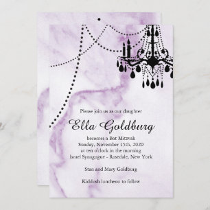Chandelier Bat Mitzvah Invite op Paarse marmer Kaart