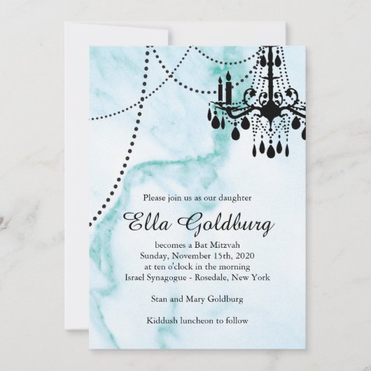 Chandelier Bat Mitzvah Invite op Turquoise Marble Kaart (Voorkant)