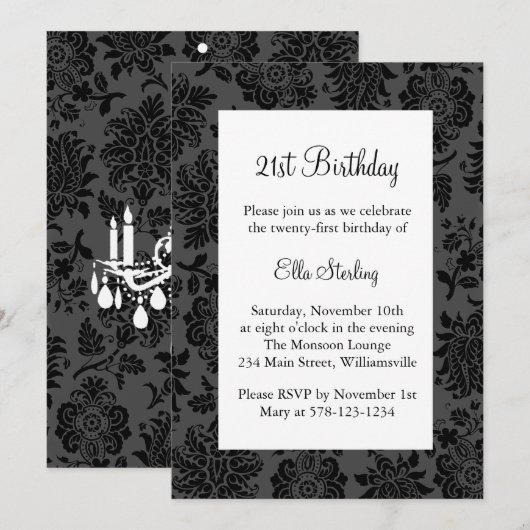 Chandelier en Damask Birthday Invitation Kaart (Voorkant / Achterkant)