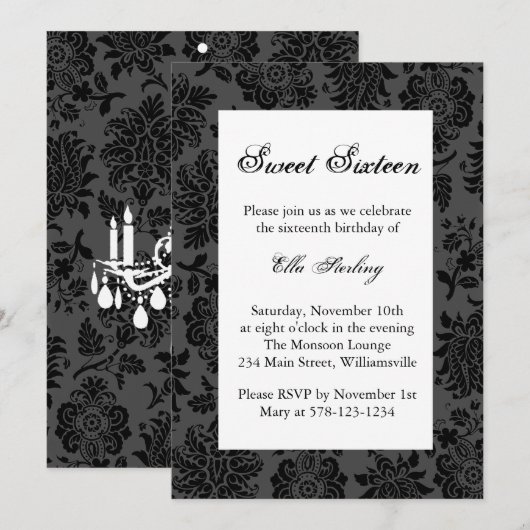 Chandelier en Damask Birthday Invitation Kaart (Voorkant / Achterkant)