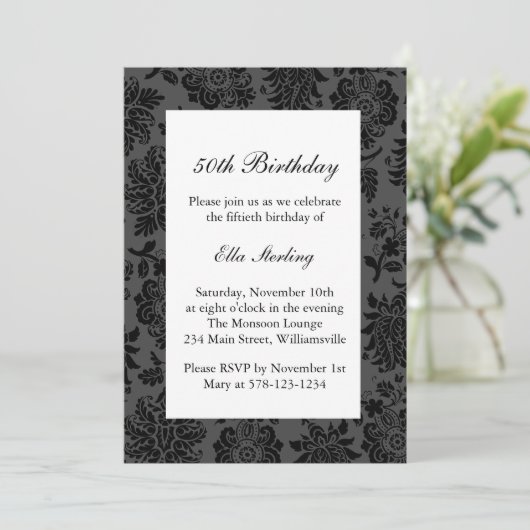 Chandelier en Damask Birthday Invitation Kaart (Staand voorkant)