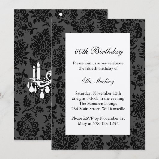 Chandelier en Damask Birthday Invite op champagne Kaart (Voorkant / Achterkant)