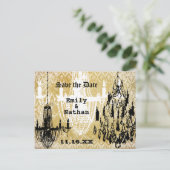 Chandelier Gold Black en White Distress Damask Aankondigingskaart (Staand voorkant)