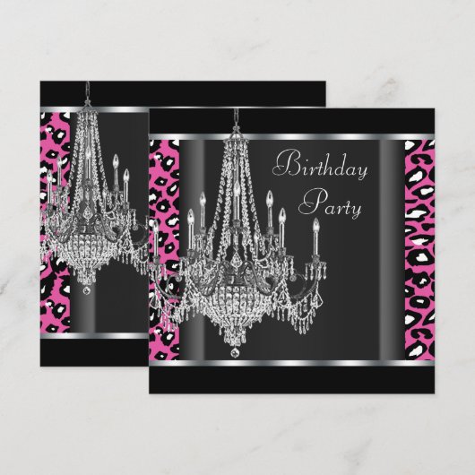 Chandelier Hot Pink Leopard Verjaardagsfeest Kaart (Voorkant / Achterkant)
