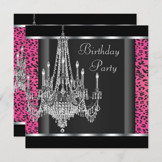 Chandelier Hot Pink Leopard Verjaardagsfeest Kaart (Voorkant / Achterkant)