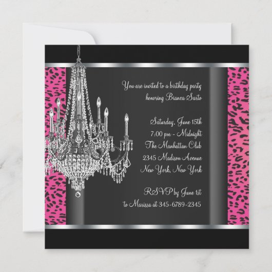 Chandelier Hot Pink Leopard Verjaardagsfeest Kaart (Achterkant)