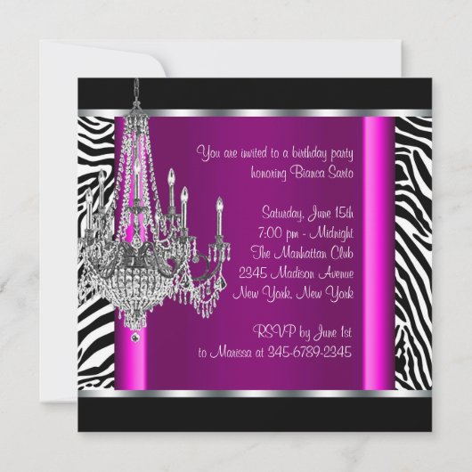 Chandelier Hot Pink Zebra Verjaardagsfeest Kaart (Achterkant)