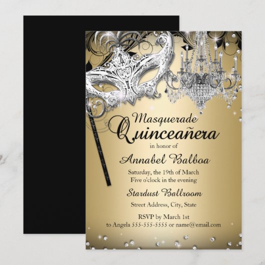 Chandelier Masquerade Gold Quinceanera Invite Kaart (Voorkant / Achterkant)