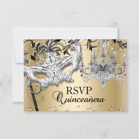 Chandelier Masquerade Gold Quinceanera RSVP (Voorkant)