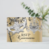 Chandelier Masquerade Gold Quinceanera RSVP (Staand voorkant)