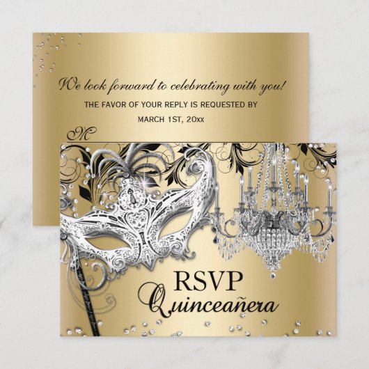 Chandelier Masquerade Gold Quinceanera RSVP (Voorkant / Achterkant)
