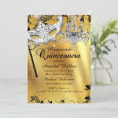 Chandelier Masquerade Gouden Quinceanera Uitnodigi Kaart (Staand voorkant)