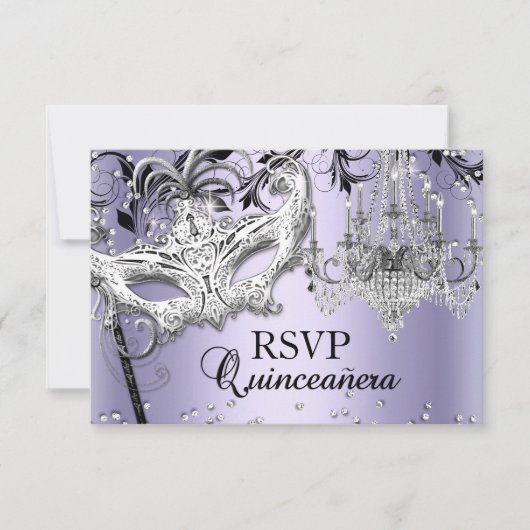 Chandelier Masquerade Paars Quinceanera RSVP Kaart (Voorkant)