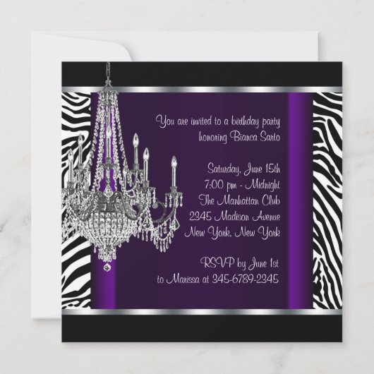 Chandelier Paarse Zebra verjaardagsfeestje Kaart (Achterkant)