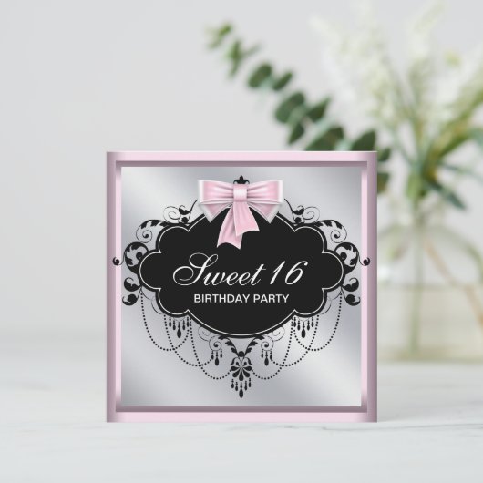 Chandelier Roze Zwart Sweet 16 Verjaardagsfeest Kaart (Staand voorkant)