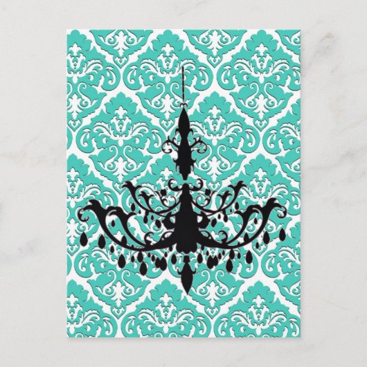 Chandelier Silhouette Blauwgroen Damask Briefkaart (Voorkant)