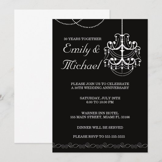 Chandelier Wedding Jubileum Black Uitnodiging (Voorkant / Achterkant)