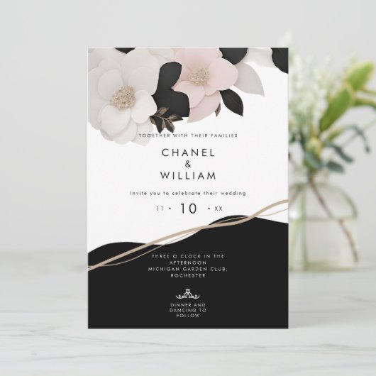 Chanel zwart en wit met juwelen getooid bloemenbru kaart (Staand voorkant)