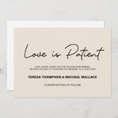 Change of Plans Love is Patient Wedding Postponed Kaart (Voorkant / Achterkant)