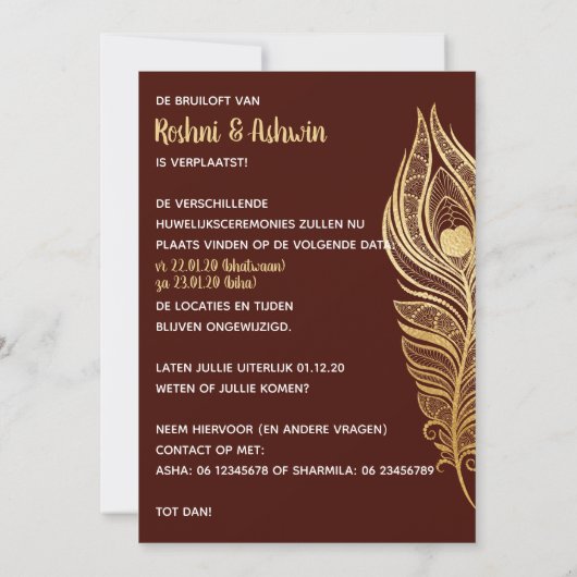 Change the date card with gold peacock feathers (Achterkant)