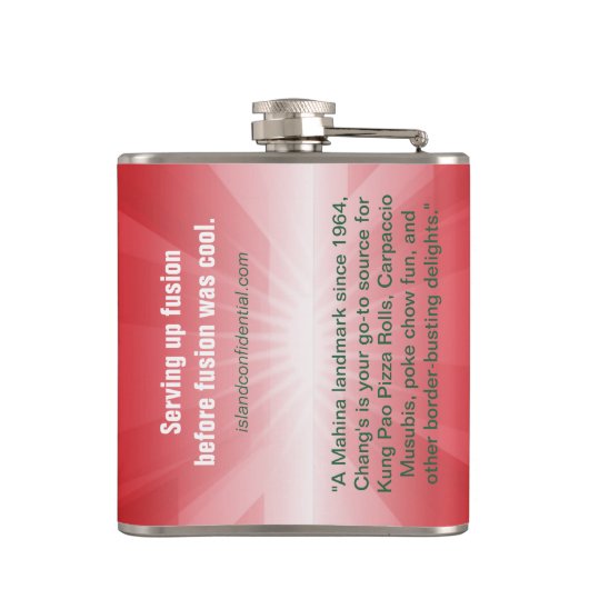 Chang's Pizza Pagoda, een landmerk in Hawaii sinds Heupfles (Achterkant)