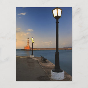 Chania Harbour en Venetiaanse vuurtoren op zonsond Briefkaart