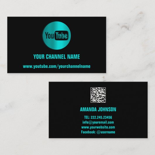 CHANNEL NAAM YOUTUBER LOGO QR CODE BLUE MINT VISITEKAARTJE (Voorkant / Achterkant)