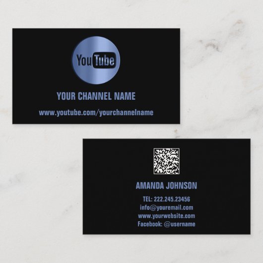 CHANNEL NAME YOUTUBER LOGO QR CODE BLUE BLACK VISITEKAARTJE (Voorkant / Achterkant)