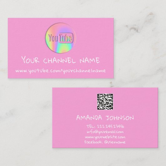 CHANNEL NAME YOUTUBER LOGO QR CODE PINK VISITEKAARTJE (Voorkant / Achterkant)