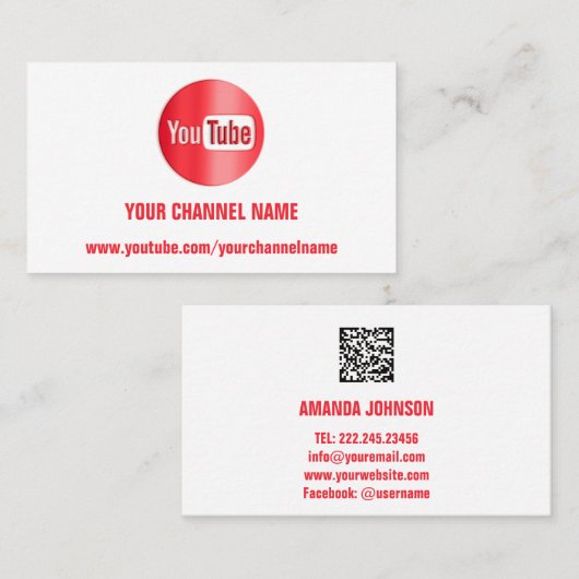 CHANNEL NAME YOUTUBER LOGO QR CODE RED WHITE VISITEKAARTJE (Voorkant / Achterkant)